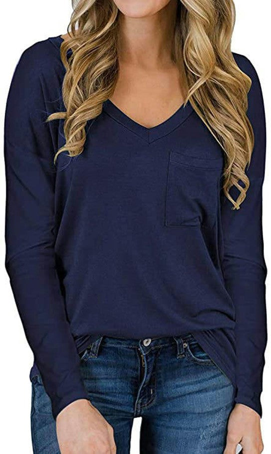 Women's Long Sleeve V-Neck Shirts Loose Casual T-Shirt with Pocket