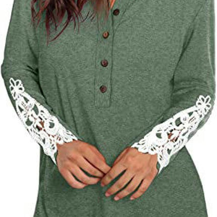 Women Lace Long Sleeve Button Up Tops Casual Round Neck Shirts Tunic