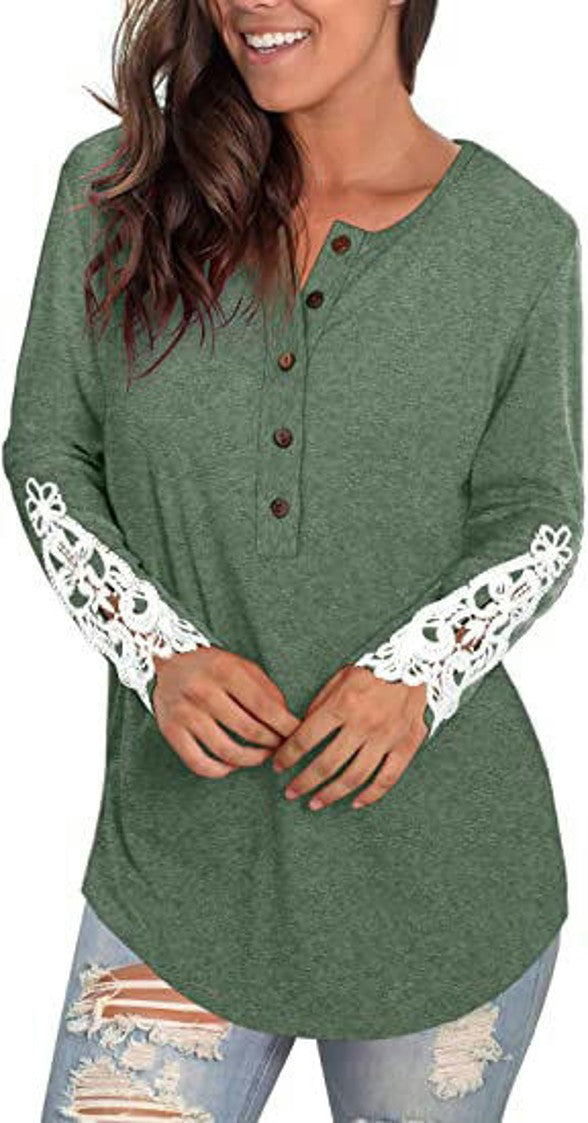 Women Lace Long Sleeve Button Up Tops Casual Round Neck Shirts Tunic