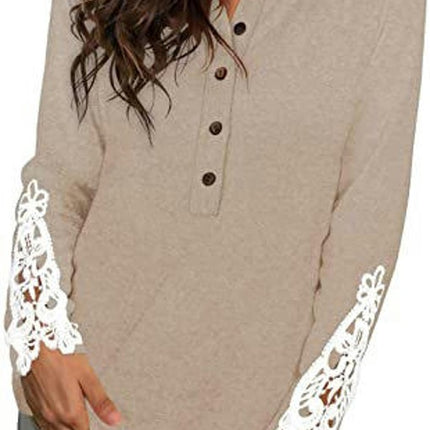 Women Lace Long Sleeve Button Up Tops Casual Round Neck Shirts Tunic