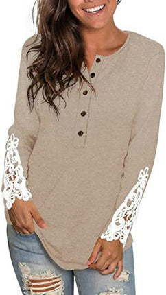 Women Lace Long Sleeve Button Up Tops Casual Round Neck Shirts Tunic