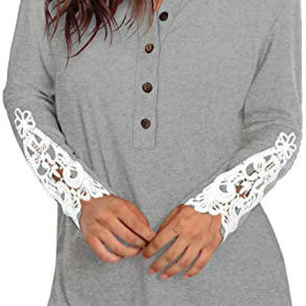 Women Lace Long Sleeve Button Up Tops Casual Round Neck Shirts Tunic