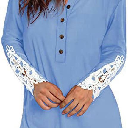 Women Lace Long Sleeve Button Up Tops Casual Round Neck Shirts Tunic