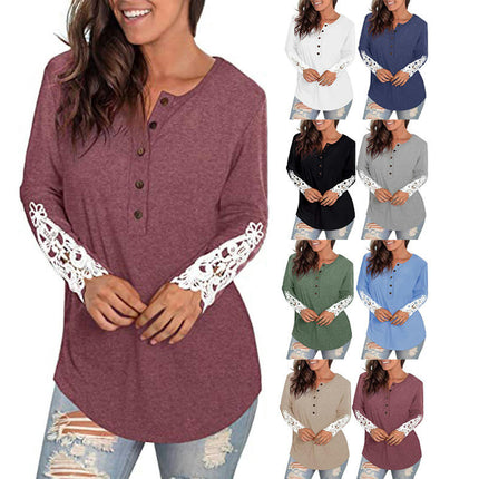 Women Lace Long Sleeve Button Up Tops Casual Round Neck Shirts Tunic