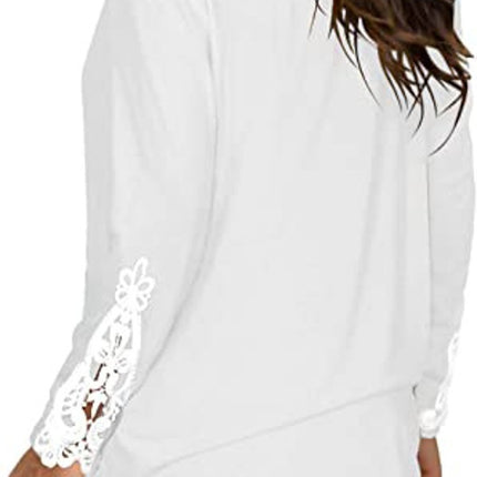 Women Lace Long Sleeve Button Up Tops Casual Round Neck Shirts Tunic