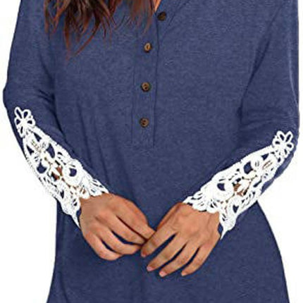 Women Lace Long Sleeve Button Up Tops Casual Round Neck Shirts Tunic