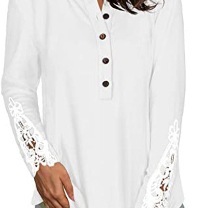 Women Lace Long Sleeve Button Up Tops Casual Round Neck Shirts Tunic