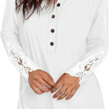 Women Lace Long Sleeve Button Up Tops Casual Round Neck Shirts Tunic