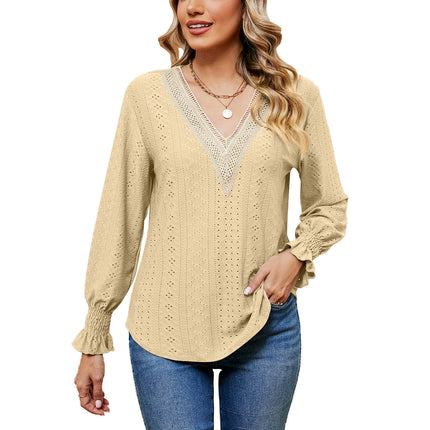 Women's Puff Long Sleeve T Shirt Eyelet Casual V Neck Tops Blouse