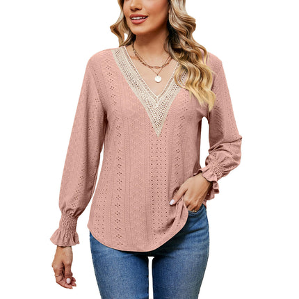 Women's Puff Long Sleeve T Shirt Eyelet Casual V Neck Tops Blouse