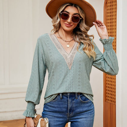 Women's Puff Long Sleeve T Shirt Eyelet Casual V Neck Tops Blouse