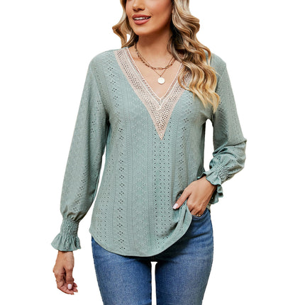 Women's Puff Long Sleeve T Shirt Eyelet Casual V Neck Tops Blouse