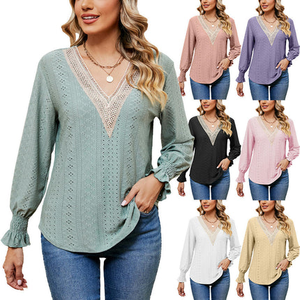 Women's Puff Long Sleeve T Shirt Eyelet Casual V Neck Tops Blouse