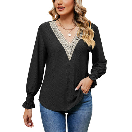 Women's Puff Long Sleeve T Shirt Eyelet Casual V Neck Tops Blouse