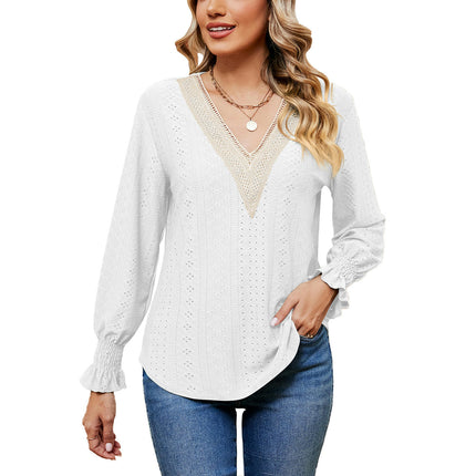 Women's Puff Long Sleeve T Shirt Eyelet Casual V Neck Tops Blouse