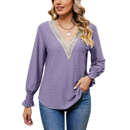 Women's Puff Long Sleeve T Shirt Eyelet Casual V Neck Tops Blouse