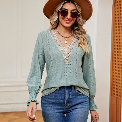 Women's Puff Long Sleeve T Shirt Eyelet Casual V Neck Tops Blouse