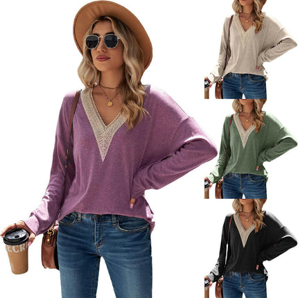 Women's Lace V Neck Long Sleeve T Shirt Casual Tops Blouse