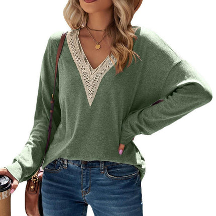 Women's Lace V Neck Long Sleeve T Shirt Casual Tops Blouse