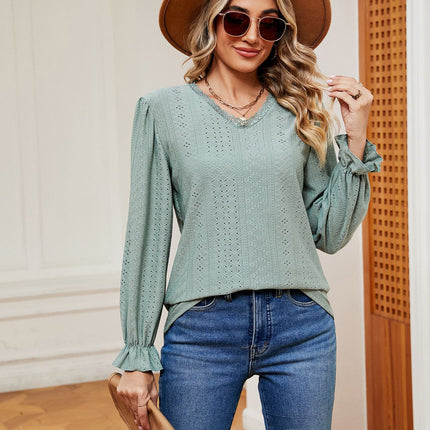 Women's Puff Long Sleeve Tops V-Neck Shirts Loose Eyelet T-Shirt