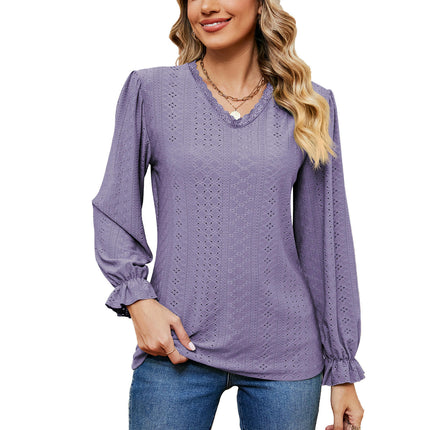 Women's Puff Long Sleeve Tops V-Neck Shirts Loose Eyelet T-Shirt