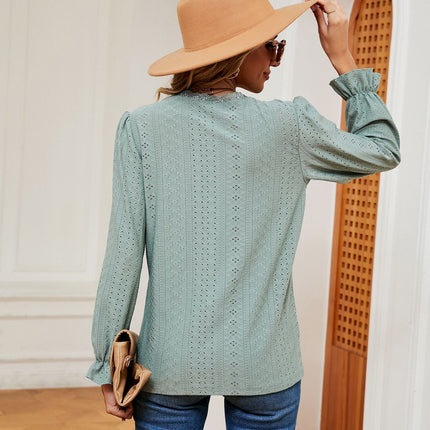 Women's Puff Long Sleeve Tops V-Neck Shirts Loose Eyelet T-Shirt