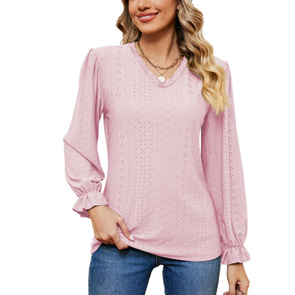 Women's Puff Long Sleeve Tops V-Neck Shirts Loose Eyelet T-Shirt