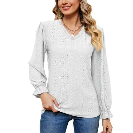 Women's Puff Long Sleeve Tops V-Neck Shirts Loose Eyelet T-Shirt