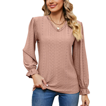 Women's Puff Long Sleeve Tops V-Neck Shirts Loose Eyelet T-Shirt