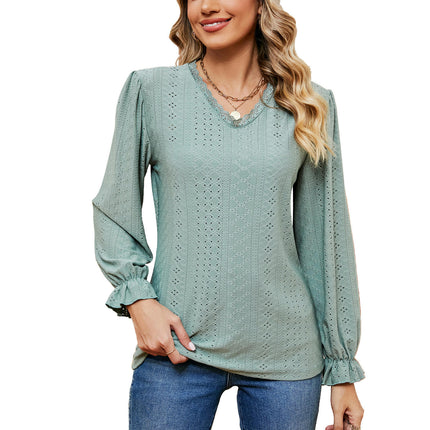 Women's Puff Long Sleeve Tops V-Neck Shirts Loose Eyelet T-Shirt