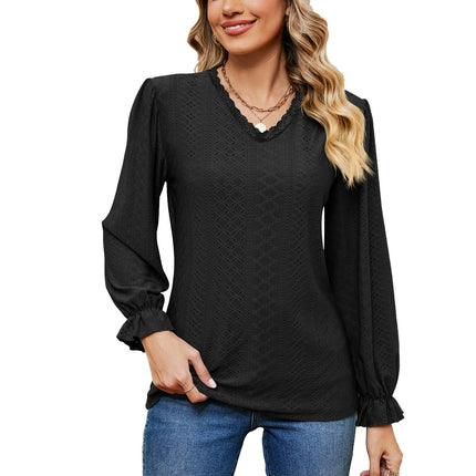 Women's Puff Long Sleeve Tops V-Neck Shirts Loose Eyelet T-Shirt