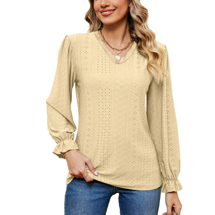 Women's Puff Long Sleeve Tops V-Neck Shirts Loose Eyelet T-Shirt