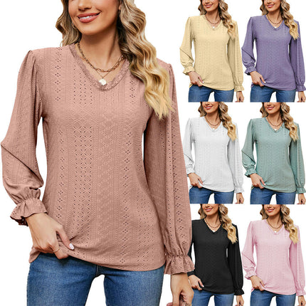 Women's Puff Long Sleeve Tops V-Neck Shirts Loose Eyelet T-Shirt