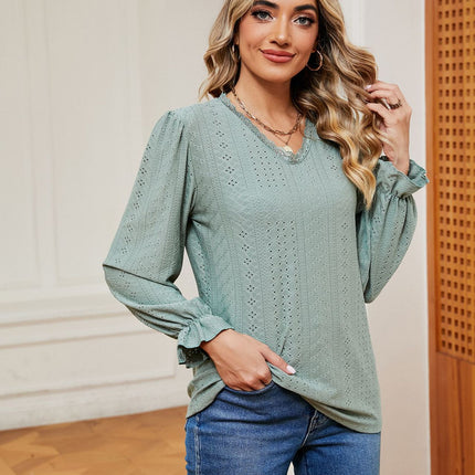 Women's Puff Long Sleeve Tops V-Neck Shirts Loose Eyelet T-Shirt