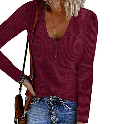 Women's Long Sleeve Shirts V Neck Button Tops Ribbed Knit Casual Slim Fit Blouse