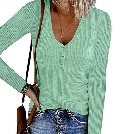 Women's Long Sleeve Shirts V Neck Button Tops Ribbed Knit Casual Slim Fit Blouse