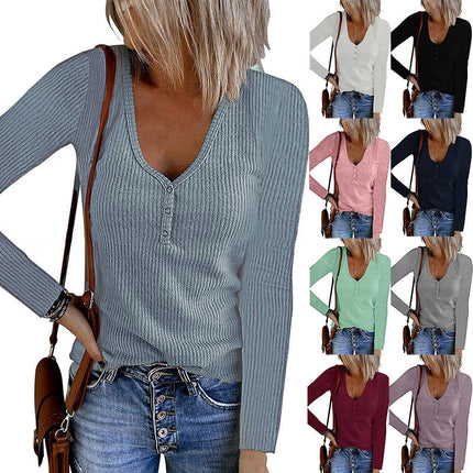 Women's Long Sleeve Shirts V Neck Button Tops Ribbed Knit Casual Slim Fit Blouse