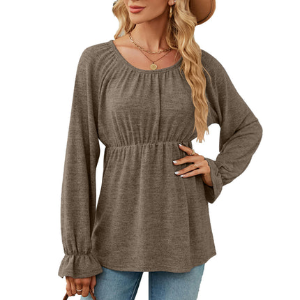 Women's Casual Puff Long Sleeve Tunic Tops Round Neck Pleated Blouse T-Shirts