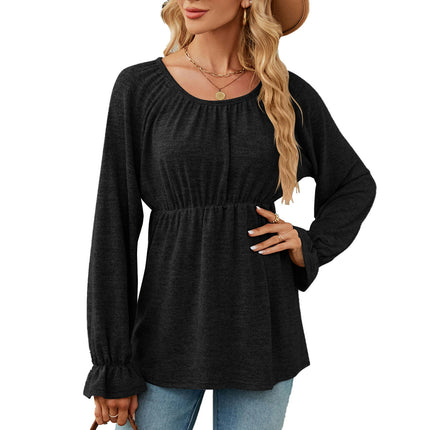 Women's Casual Puff Long Sleeve Tunic Tops Round Neck Pleated Blouse T-Shirts