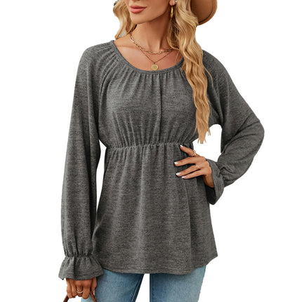 Women's Casual Puff Long Sleeve Tunic Tops Round Neck Pleated Blouse T-Shirts