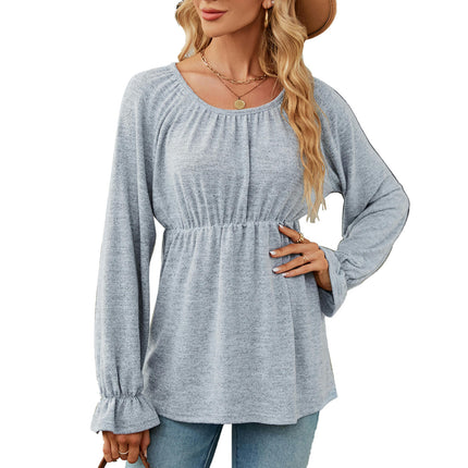 Women's Casual Puff Long Sleeve Tunic Tops Round Neck Pleated Blouse T-Shirts