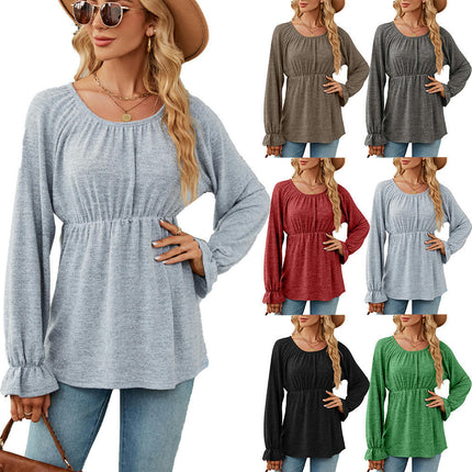 Women's Casual Puff Long Sleeve Tunic Tops Round Neck Pleated Blouse T-Shirts