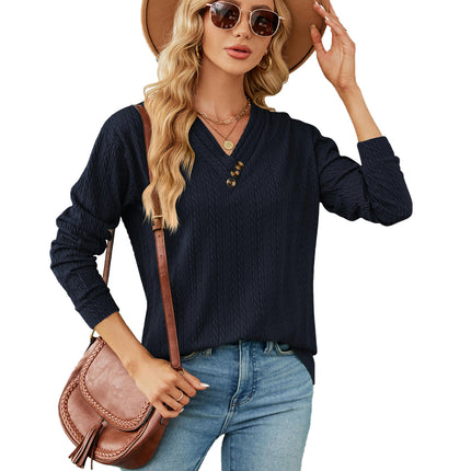 Women's Long Sleeve V-Neck Button Loose Casual Tunic Tops T Shirt