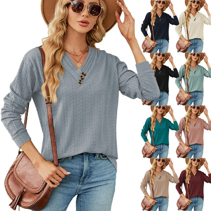 Women's Long Sleeve V-Neck Button Loose Casual Tunic Tops T Shirt