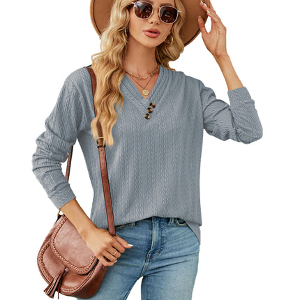 Women's Long Sleeve V-Neck Button Loose Casual Tunic Tops T Shirt