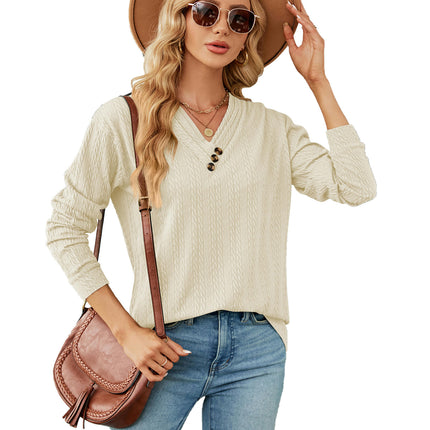 Women's Long Sleeve V-Neck Button Loose Casual Tunic Tops T Shirt