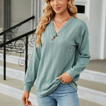 Women's Long Sleeve V-Neck Button Loose Casual Tunic Tops T Shirt