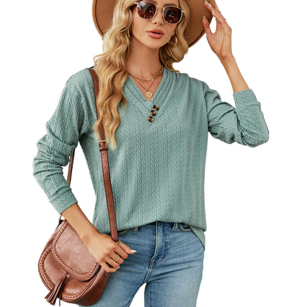 Women's Long Sleeve V-Neck Button Loose Casual Tunic Tops T Shirt