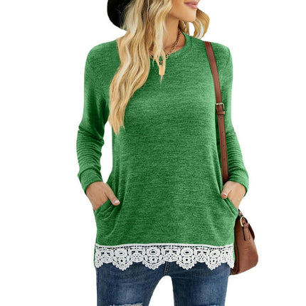 Women's Long Sleeve Tops Round Neck Shirts Tee with Pocket