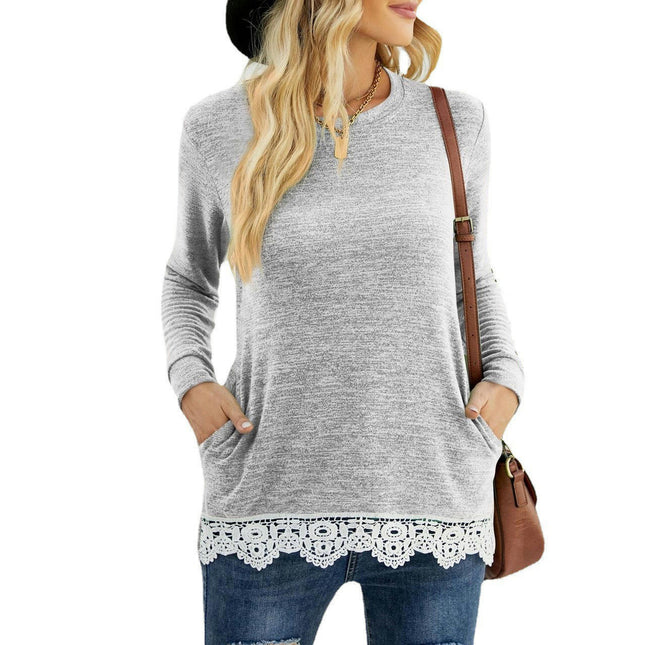 Women's Long Sleeve Tops Round Neck Shirts Tee with Pocket